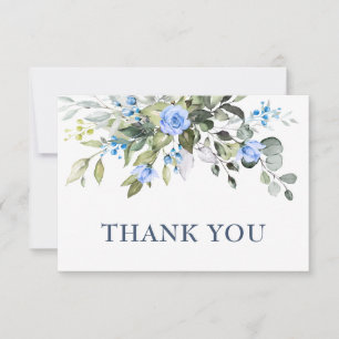 Tarjeta De Agradecimiento Elegante Eucalyptus Dusty Blue Rosas Greenery Boho