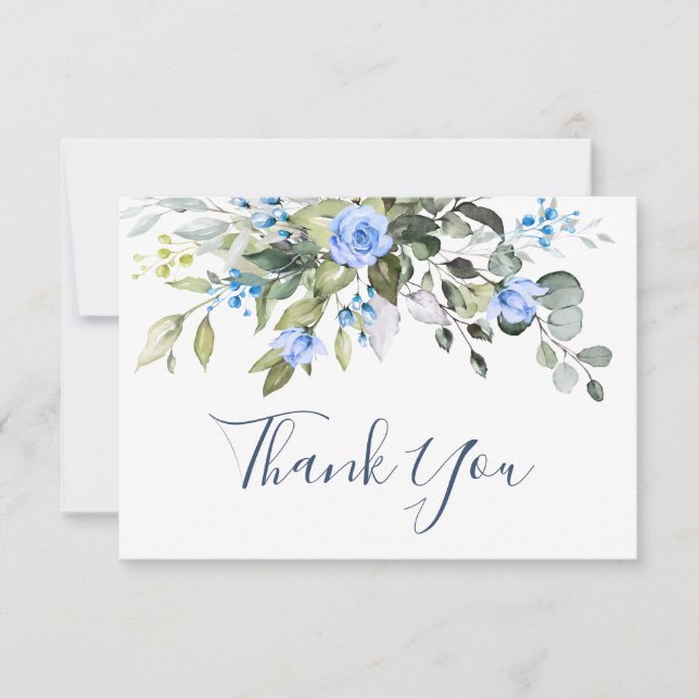 Tarjeta De Agradecimiento Elegante Eucalyptus Dusty Blue Rosas Greenery Boho (Anverso)