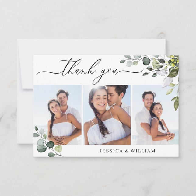 Tarjeta De Agradecimiento Elegante Eucalyptus Greenery 3 Boda FOTO (Anverso)