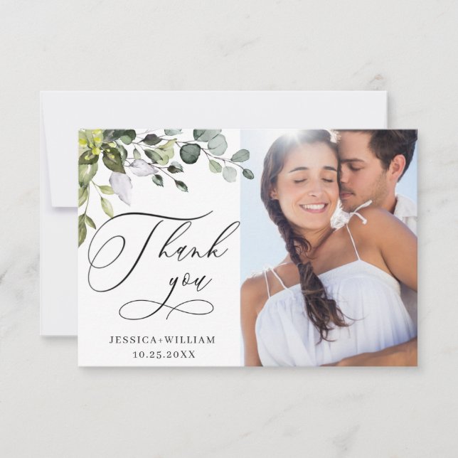 Tarjeta De Agradecimiento Elegante Eucalyptus Greenery Boda FOTO (Anverso)