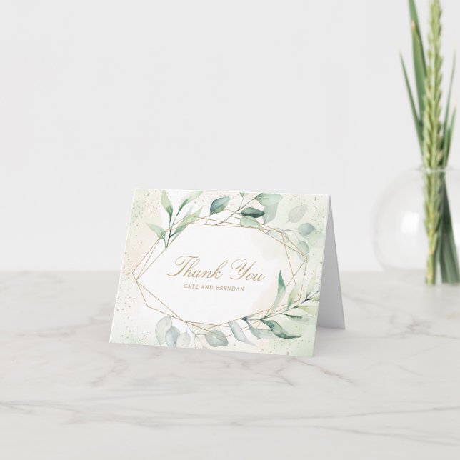 Tarjeta De Agradecimiento Elegante Eucalyptus Greenery Gold Boda Geométrico (Anverso)