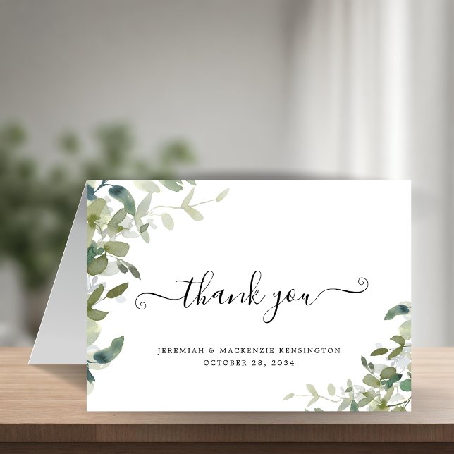 Tarjeta De Agradecimiento Elegante Eucalyptus Greenery Script Boda (Elegant Eucalyptus Greenery Script Wedding Thank You Card)