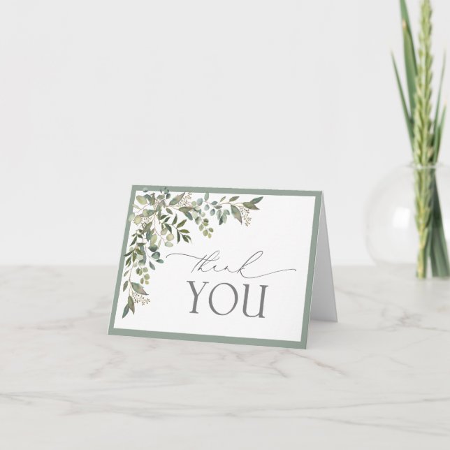 Tarjeta De Agradecimiento Elegante Eucalyptus Greenery Script Gracias Tarjet (Anverso)
