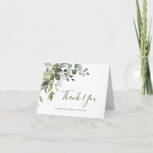 Tarjeta De Agradecimiento Elegante Eucalyptus Greenery Watercolor Boda (Anverso)