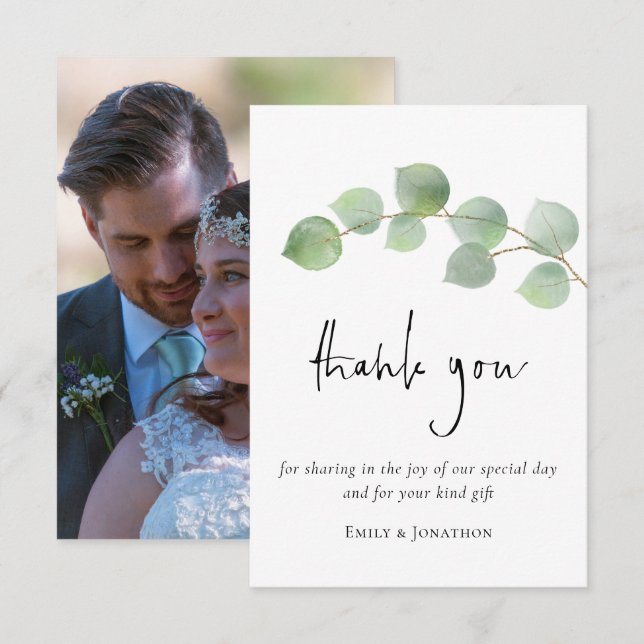 Tarjeta De Agradecimiento Elegante Eucalyptus Leaf Script Photo You (Anverso / Reverso)