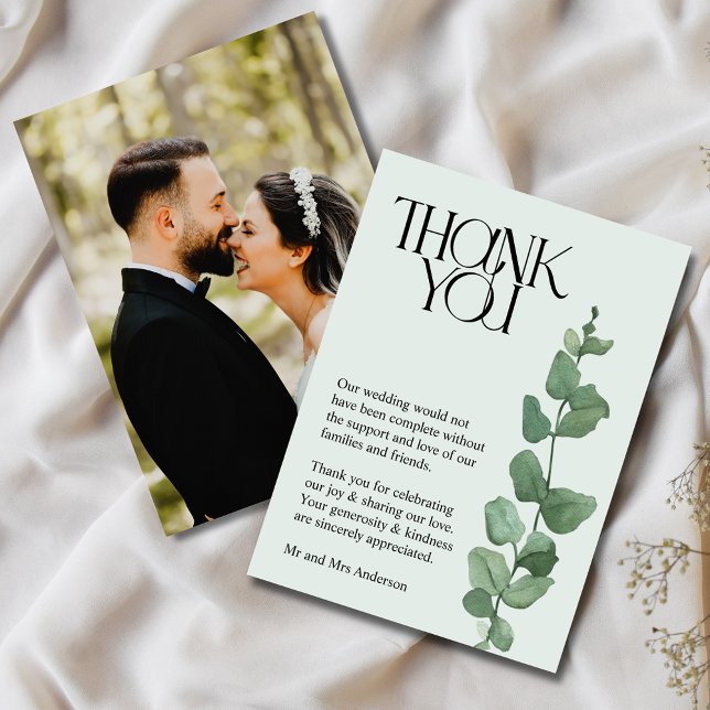 Tarjeta De Agradecimiento Elegante Eucalyptus Photo Boda Gracias (Elegant Wedding Photo Collage Thank You Card)