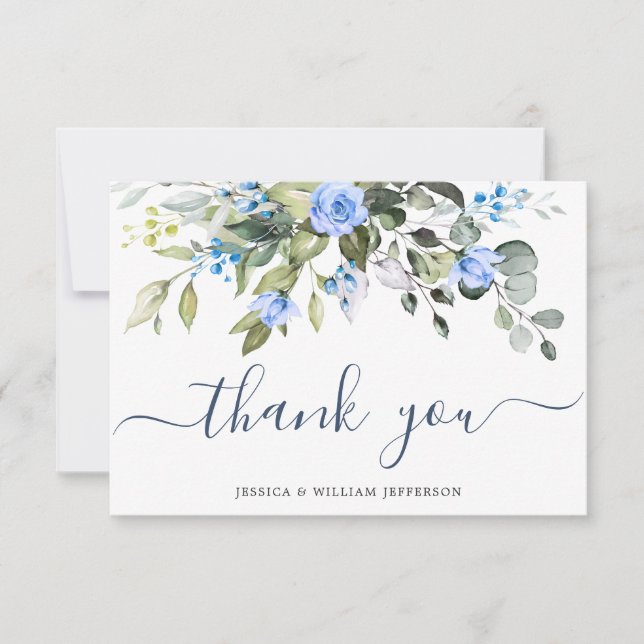 Tarjeta De Agradecimiento Elegante Eucalyptus Rosas azules vegetación (Anverso)