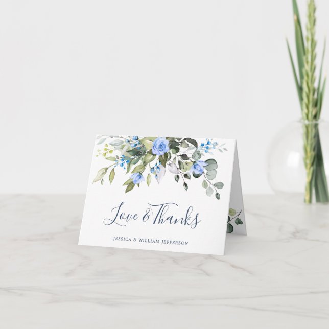 Tarjeta De Agradecimiento Elegante Eucalyptus Rosas azules Vegetación Floral (Anverso)