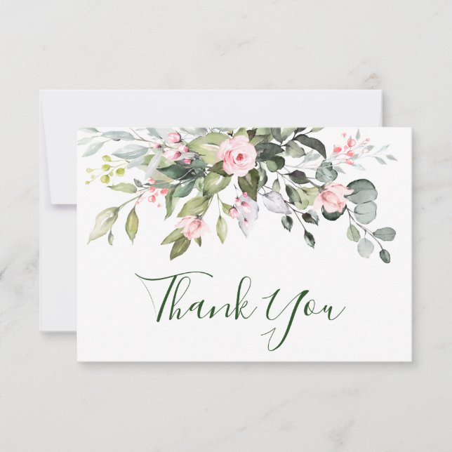 Tarjeta De Agradecimiento Elegante Eucalyptus Rubor Rosa Rosa Boda Floral (Anverso)