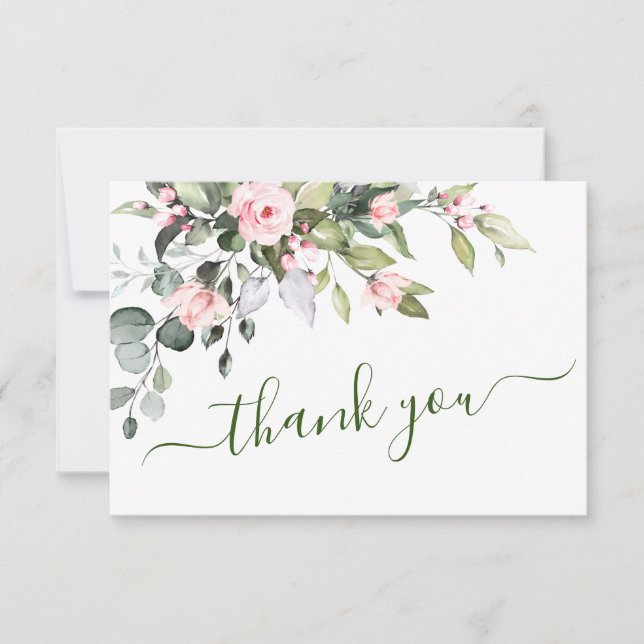 Tarjeta De Agradecimiento Elegante Eucalyptus Rubor Rosas Floral (Anverso)