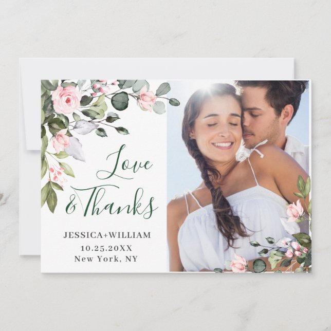 Tarjeta De Agradecimiento Elegante Eucalyptus Rubor Roses rosas 4 FOTO (Anverso)