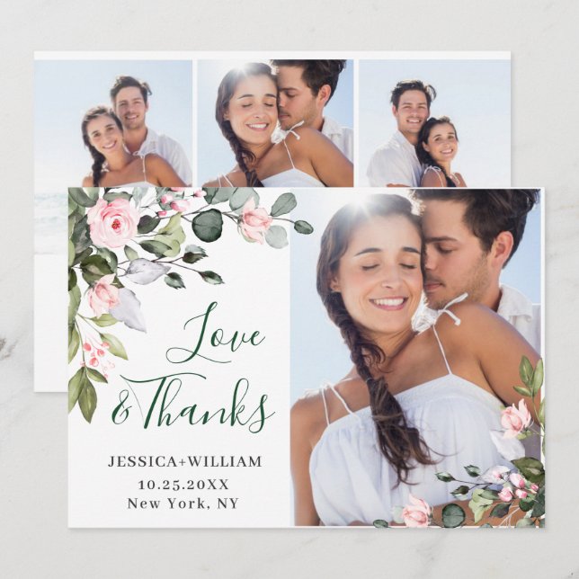 Tarjeta De Agradecimiento Elegante Eucalyptus Rubor Roses rosas 4 FOTO (Anverso / Reverso)