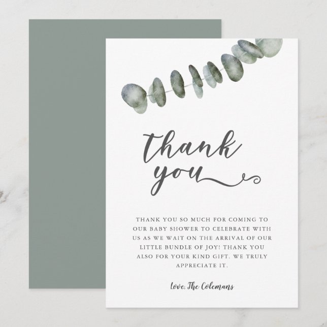 Tarjeta De Agradecimiento Elegante Eucalyptus Watercolor deja Baby Shower (Anverso / Reverso)
