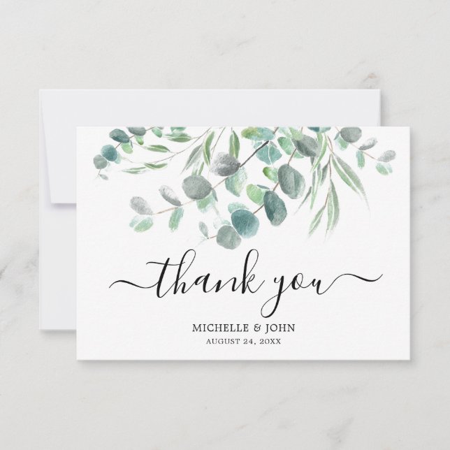 Tarjeta De Agradecimiento Elegante Eucalyptus Watercolor Script Boda (Anverso)