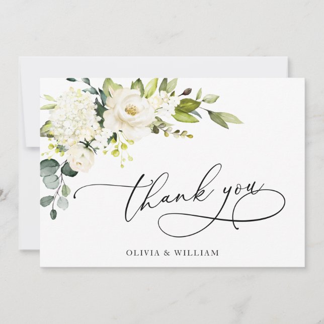 Tarjeta De Agradecimiento elegante Eucalyptus White Roses Floral (Anverso)