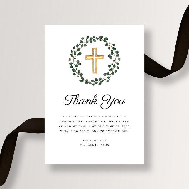 Tarjeta De Agradecimiento Elegante Eucalyptus Wreath Funeral de la Cruz Reli (Elegant Eucalyptus Wreath Religious Cross Funeral Thank You Card)