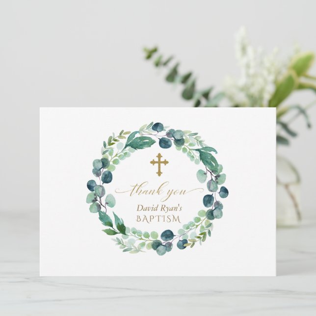 Tarjeta De Agradecimiento Elegante Eucalyptus Wreath Gold Photo Boy Baptismo (Anverso de pie)