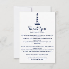 Tarjeta De Agradecimiento Elegante Faro Boda Náutico Blanco y Azul