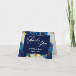 Tarjeta De Agradecimiento Elegante Faux Gold, Blue & White Boda Gracias