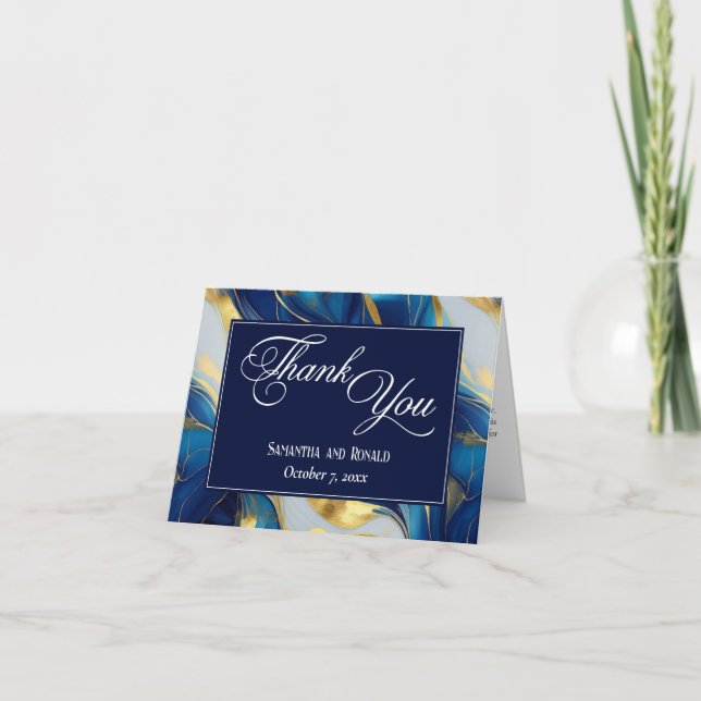 Tarjeta De Agradecimiento Elegante Faux Gold, Blue & White Boda Gracias (Anverso)