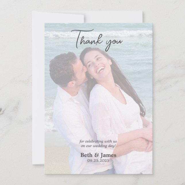 Tarjeta De Agradecimiento Elegante Faux Vellum Photo Beach Wedding Gracias (Anverso)