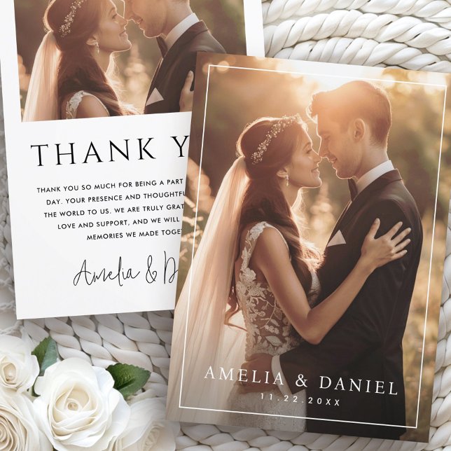 Tarjeta De Agradecimiento Elegante fecha clásica de foto boda (Elegant classic wedding photo date thank you card)