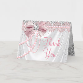 Tarjeta De Agradecimiento Elegante Fiesta de Bebé Rosa con Perlas y Diamante