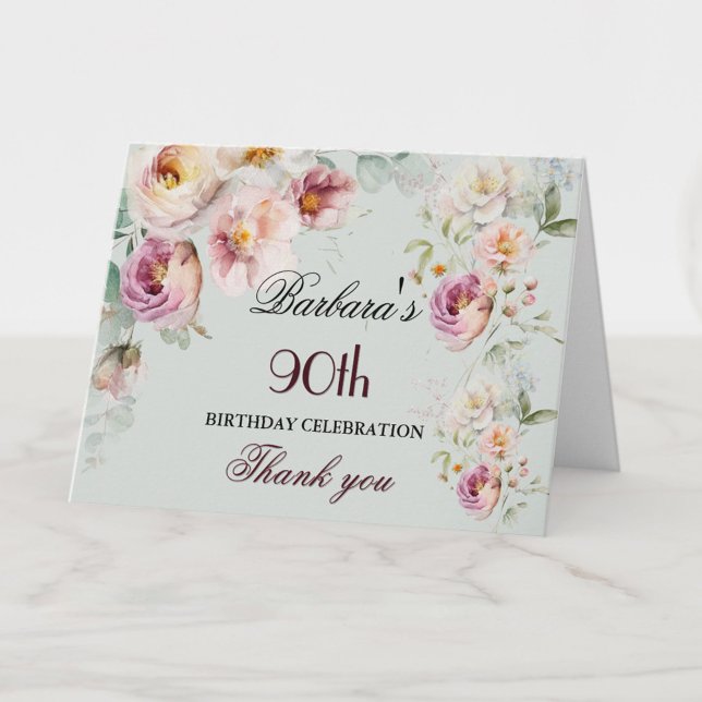 Tarjeta De Agradecimiento Elegante fiesta de cumpleaños 90 con flores de acu (Subido por el creador)