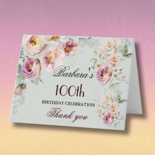 Tarjeta De Agradecimiento Elegante fiesta de cumpleaños número 100 con flore