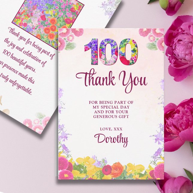Tarjeta De Agradecimiento Elegante fiesta de cumpleaños número 100 de Floral (Subido por el creador)