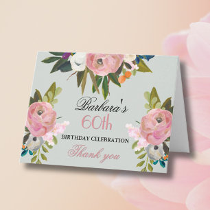 Tarjeta De Agradecimiento Elegante fiesta de cumpleaños número 60 con flores