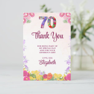 Tarjeta De Agradecimiento Elegante fiesta de cumpleaños número 70 de Floral