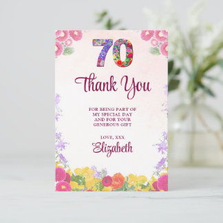 Tarjeta De Agradecimiento Elegante fiesta de cumpleaños número 70 de Floral 