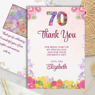 Tarjeta De Agradecimiento Elegante fiesta de cumpleaños número 70 de Floral