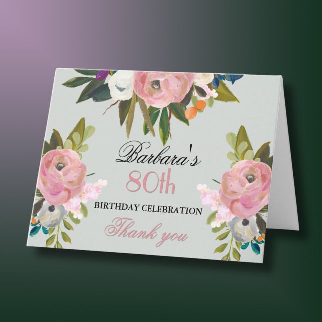 Tarjeta De Agradecimiento Elegante fiesta de cumpleaños número 80 floral pin (Subido por el creador)