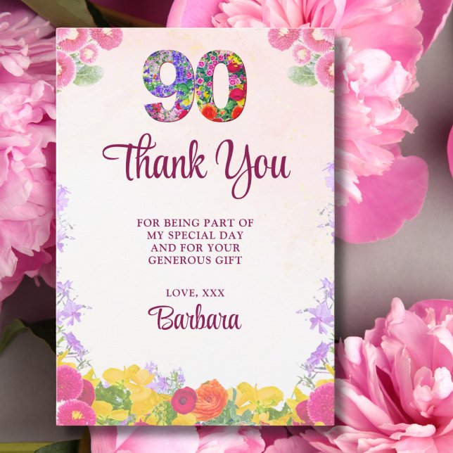 Tarjeta De Agradecimiento Elegante fiesta de cumpleaños número 90 de Floral  (Subido por el creador)