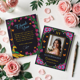 Tarjeta De Agradecimiento Elegante Fiesta Quinceanera de Arte Popular de Pea