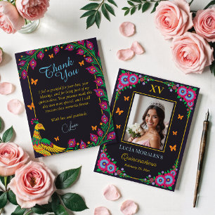 Tarjeta De Agradecimiento Elegante Fiesta Quinceanera de Arte Popular de Pea