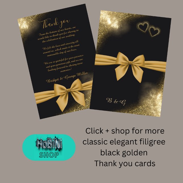 tarjeta de agradecimiento elegante filigree negro  (classic elegant filigree black golden wedding thank you cards)