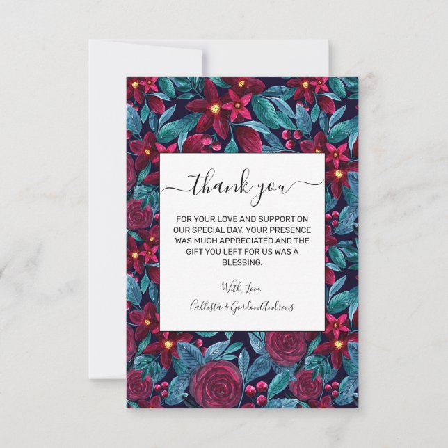 Tarjeta De Agradecimiento Elegante Floral Acuarela de Navidad en Burgundy y  (Anverso)