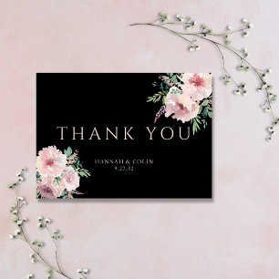 Tarjeta De Agradecimiento Elegante Floral Acuarela Rosa y Negro