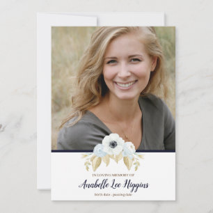 Tarjeta De Agradecimiento Elegante Floral Azul en Memoria Funeral Amoroso