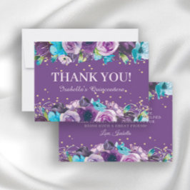 Tarjeta De Agradecimiento Elegante Floral Azul Púrpura Quinceañera Cumpleaño