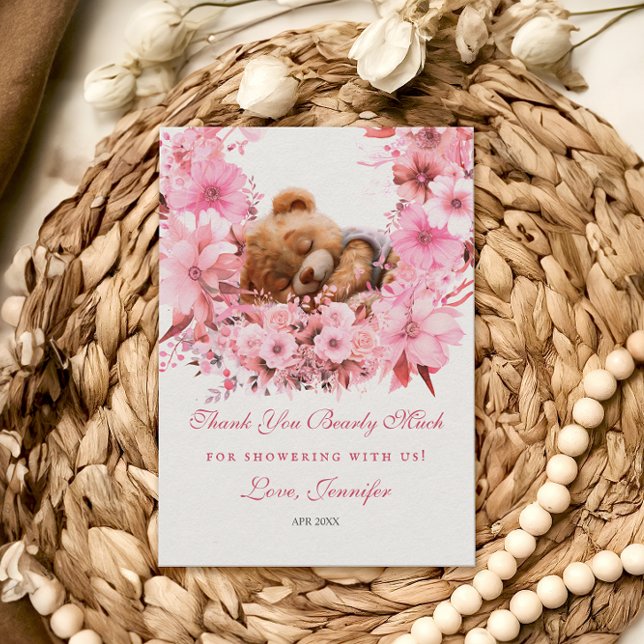 Tarjeta De Agradecimiento Elegante Floral Beary Mucho Baby Shower Rosa (Subido por el creador)