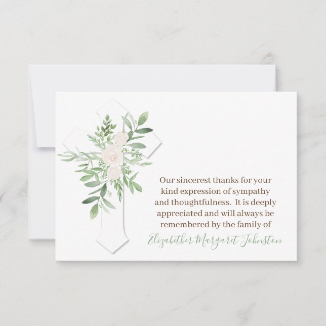 Tarjeta De Agradecimiento Elegante Floral + CrosFuneral Gracias Bereavement (Anverso)