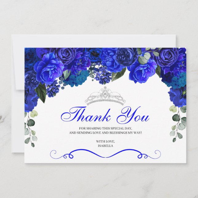 Tarjeta De Agradecimiento Elegante Floral de plata azul real Quinceanera (Anverso)