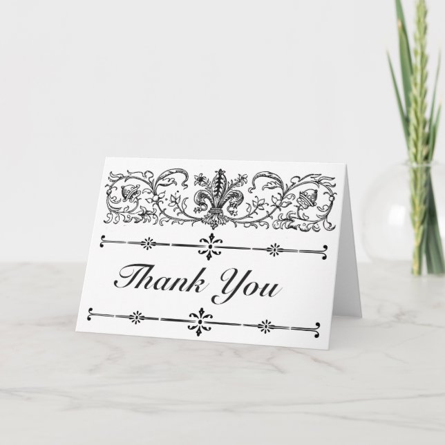Tarjeta De Agradecimiento Elegante Floral Estilizado Negro Blanco Fleur de L (Anverso)