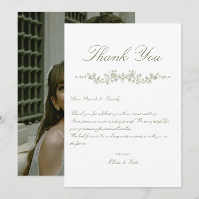 Tarjeta De Agradecimiento Elegante Floral Francés Verde Salvia Antiguo (Anverso / Reverso)