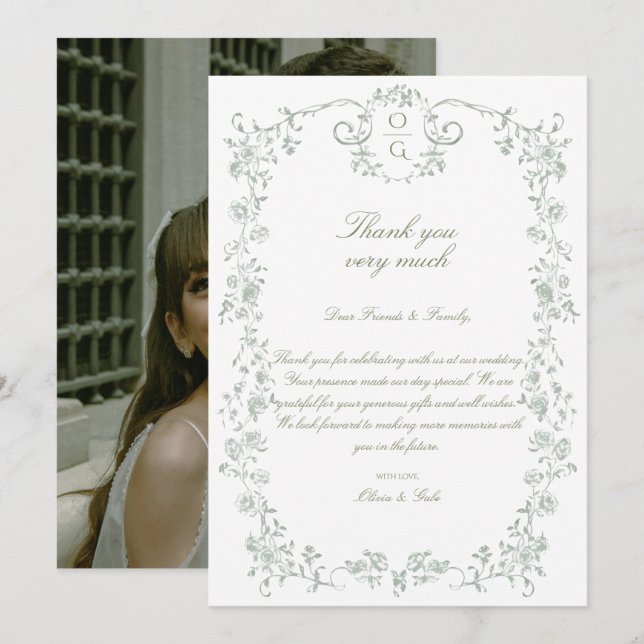 Tarjeta De Agradecimiento Elegante Floral Francés Verde Salvia Antiguo (Anverso / Reverso)