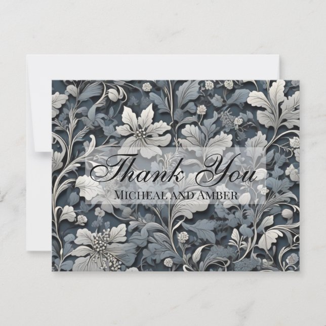 Tarjeta De Agradecimiento Elegante floral gris blanco plateado azul polvorie (Anverso)